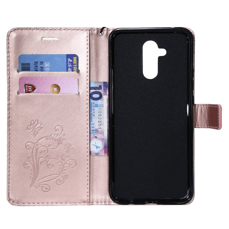 KT Imprinting Flower Series-2 Imprint Butterfly Flower Leather Wallet Magnetic Stand Cover for Huawei Mate 20 Lite - Rose Gold
