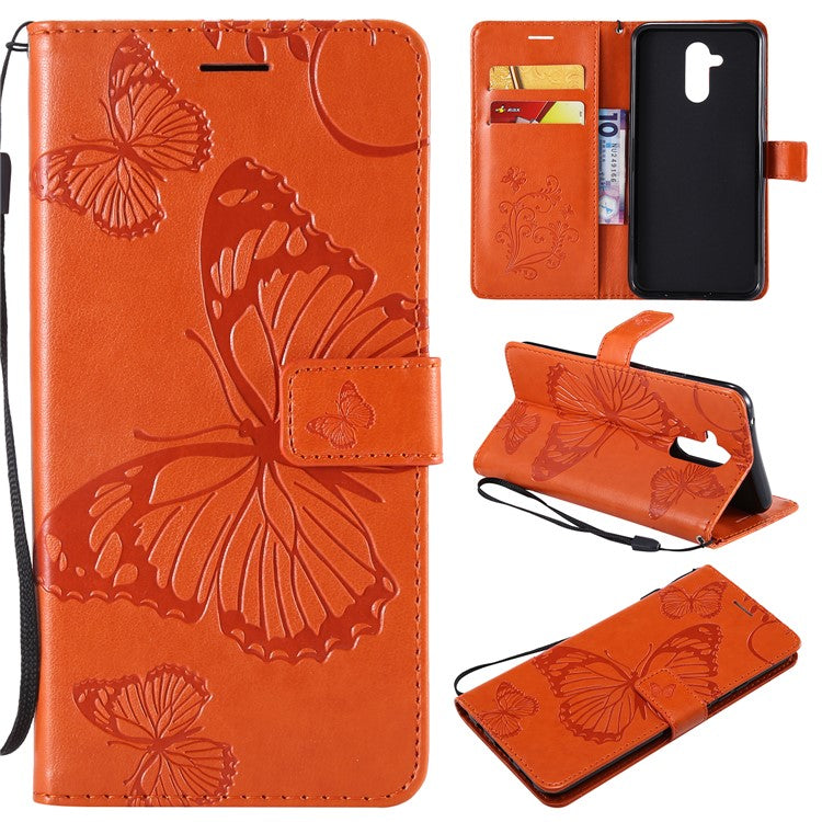 KT Imprinting Flower Series-2 Imprint Butterfly Flower Leather Wallet Magnetic Stand Case for Huawei Mate 20 Lite - Orange