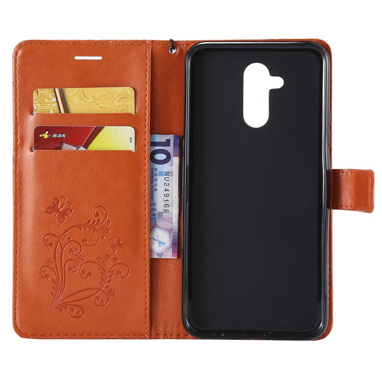 KT Imprinting Flower Series-2 Imprint Butterfly Flower Leather Wallet Magnetic Stand Case for Huawei Mate 20 Lite - Orange