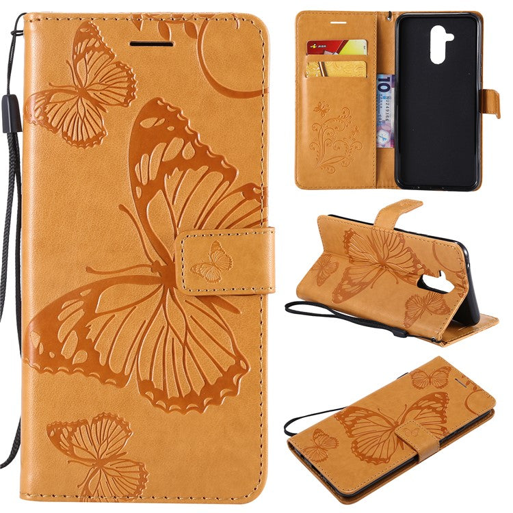 KT Imprinting Flower Series-2 Imprint Butterfly Flower Leather Wallet Magnetic Stand Shell for Huawei Mate 20 Lite - Yellow