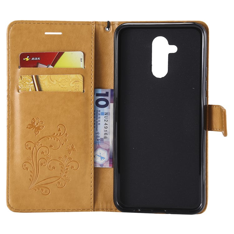 KT Imprinting Flower Series-2 Imprint Butterfly Flower Leather Wallet Magnetic Stand Shell for Huawei Mate 20 Lite - Yellow