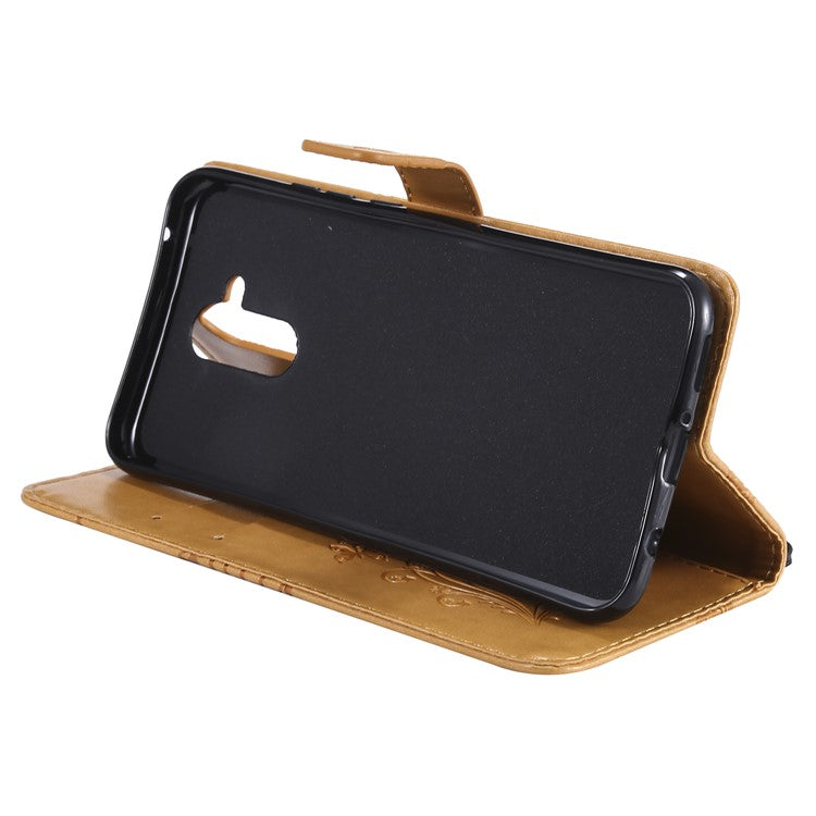 KT Imprinting Flower Series-2 Imprint Butterfly Flower Leather Wallet Magnetic Stand Shell for Huawei Mate 20 Lite - Yellow