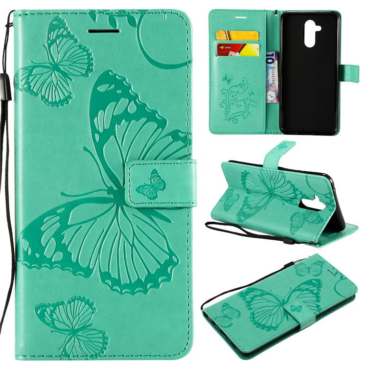 KT Imprinting Flower Series-2 Imprint Butterfly Flower Leather Wallet Magnetic Stand Casing for Huawei Mate 20 Lite - Cyan