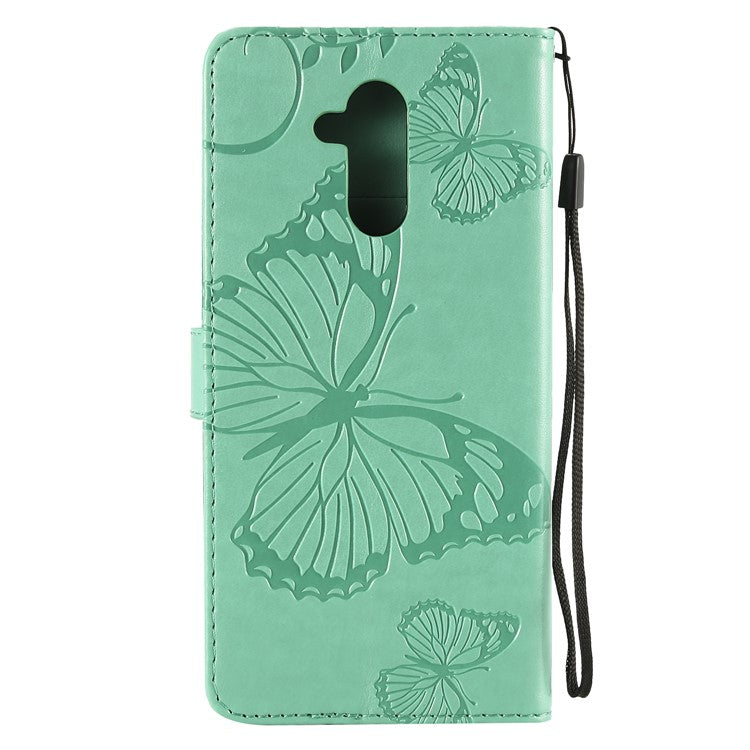 KT Imprinting Flower Series-2 Imprint Butterfly Flower Leather Wallet Magnetic Stand Casing for Huawei Mate 20 Lite - Cyan