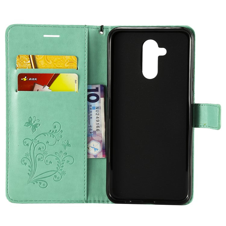KT Imprinting Flower Series-2 Imprint Butterfly Flower Leather Wallet Magnetic Stand Casing for Huawei Mate 20 Lite - Cyan