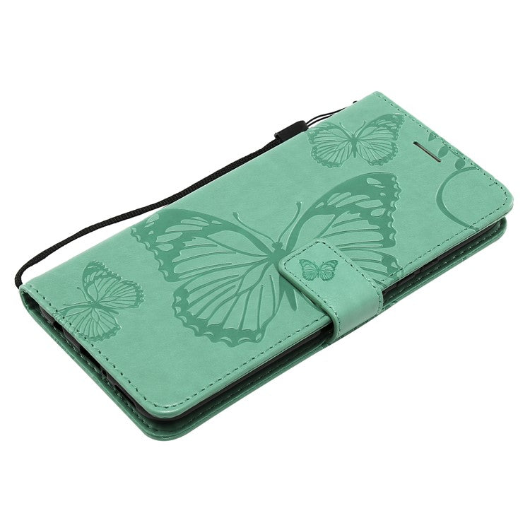 KT Imprinting Flower Series-2 Imprint Butterfly Flower Leather Wallet Magnetic Stand Casing for Huawei Mate 20 Lite - Cyan
