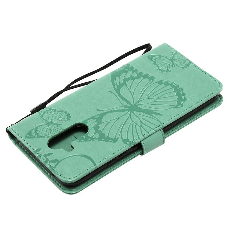KT Imprinting Flower Series-2 Imprint Butterfly Flower Leather Wallet Magnetic Stand Casing for Huawei Mate 20 Lite - Cyan