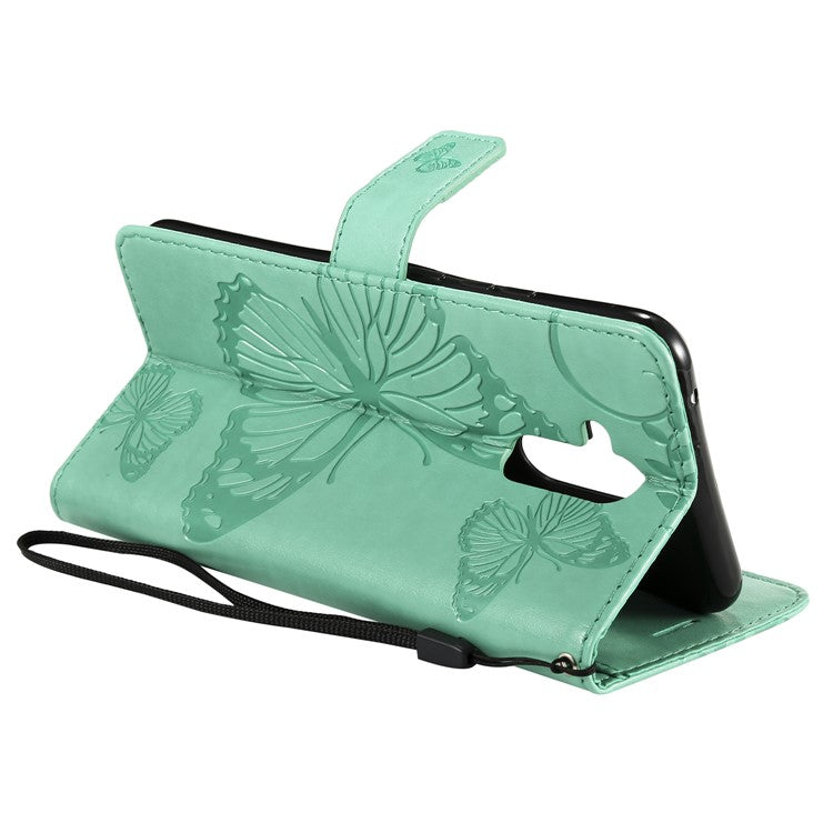 KT Imprinting Flower Series-2 Imprint Butterfly Flower Leather Wallet Magnetic Stand Casing for Huawei Mate 20 Lite - Cyan