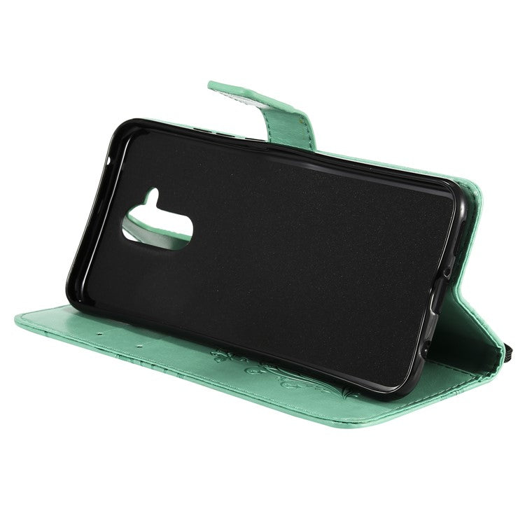 KT Imprinting Flower Series-2 Imprint Butterfly Flower Leather Wallet Magnetic Stand Casing for Huawei Mate 20 Lite - Cyan