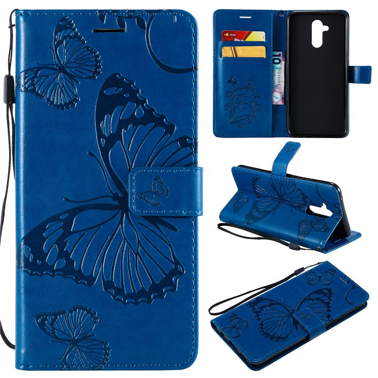 KT Imprinting Flower Series-2 Imprint Butterfly Flower Leather Wallet Magnetic Stand Protective Cover for Huawei Mate 20 Lite - Blue