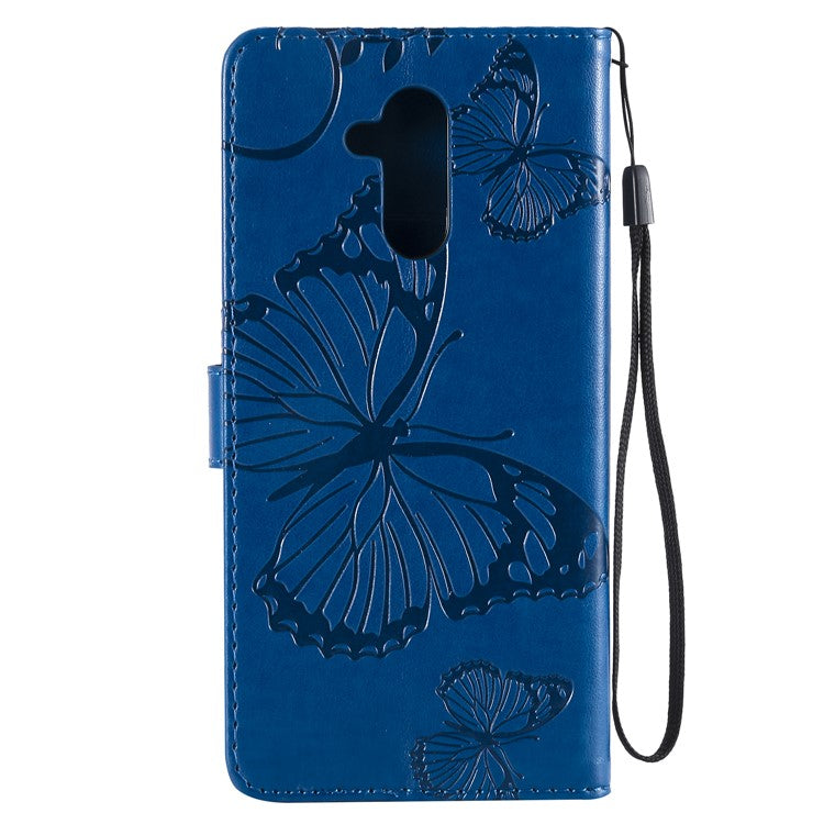 KT Imprinting Flower Series-2 Imprint Butterfly Flower Leather Wallet Magnetic Stand Protective Cover for Huawei Mate 20 Lite - Blue