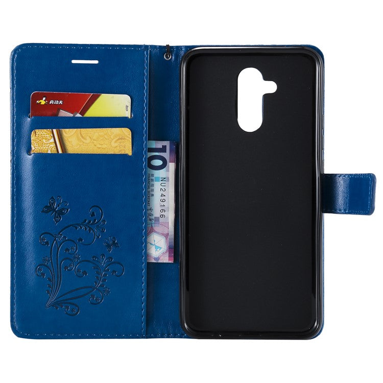 KT Imprinting Flower Series-2 Imprint Butterfly Flower Leather Wallet Magnetic Stand Protective Cover for Huawei Mate 20 Lite - Blue