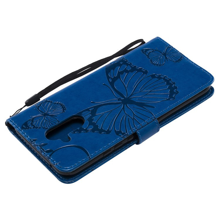 KT Imprinting Flower Series-2 Imprint Butterfly Flower Leather Wallet Magnetic Stand Protective Cover for Huawei Mate 20 Lite - Blue