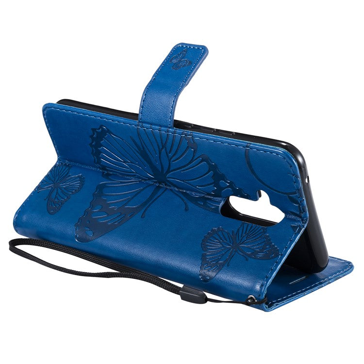 KT Imprinting Flower Series-2 Imprint Butterfly Flower Leather Wallet Magnetic Stand Protective Cover for Huawei Mate 20 Lite - Blue