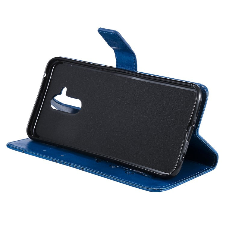 KT Imprinting Flower Series-2 Imprint Butterfly Flower Leather Wallet Magnetic Stand Protective Cover for Huawei Mate 20 Lite - Blue