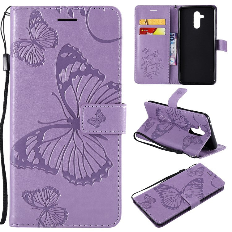 KT Imprinting Flower Series-2 Imprint Butterfly Flower Leather Wallet Magnetic Stand Protective Shell for Huawei Mate 20 Lite - Purple