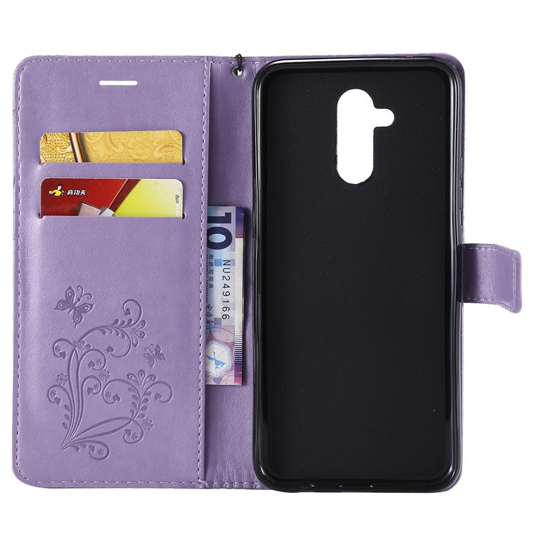 KT Imprinting Flower Series-2 Imprint Butterfly Flower Leather Wallet Magnetic Stand Protective Shell for Huawei Mate 20 Lite - Purple