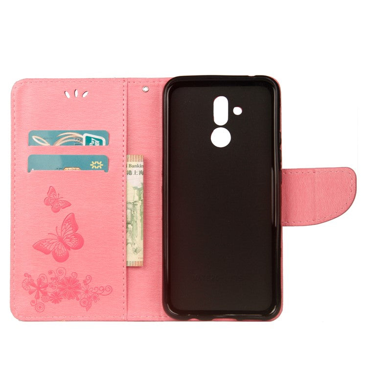 Imprint Butterfly Flower Wallet Stand Leather Phone Case for Huawei Mate 20 Lite / Maimang 7 - Pink