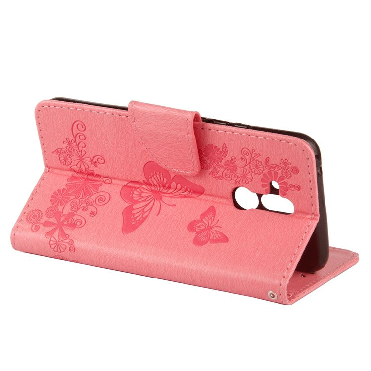 Imprint Butterfly Flower Wallet Stand Leather Phone Case for Huawei Mate 20 Lite / Maimang 7 - Pink