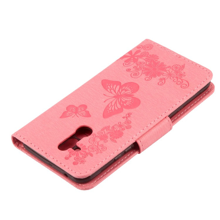 Imprint Butterfly Flower Wallet Stand Leather Phone Case for Huawei Mate 20 Lite / Maimang 7 - Pink