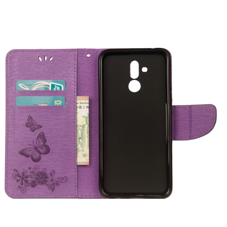Imprint Butterfly Flower Wallet Leather Magnetic Case for Huawei Mate 20 Lite / Maimang 7 - Purple