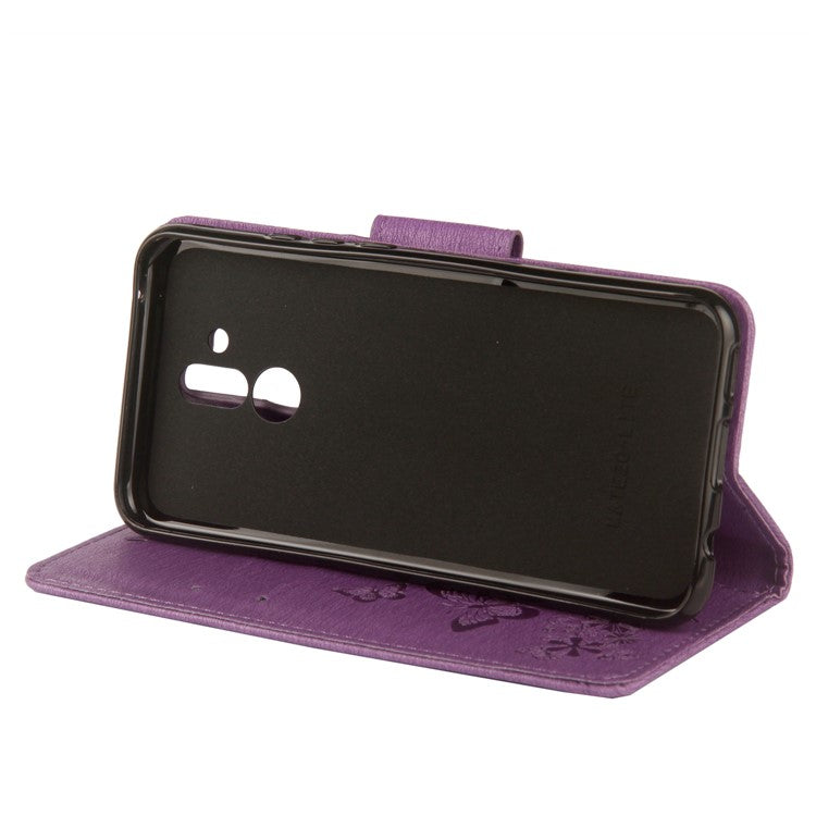 Imprint Butterfly Flower Wallet Leather Magnetic Case for Huawei Mate 20 Lite / Maimang 7 - Purple