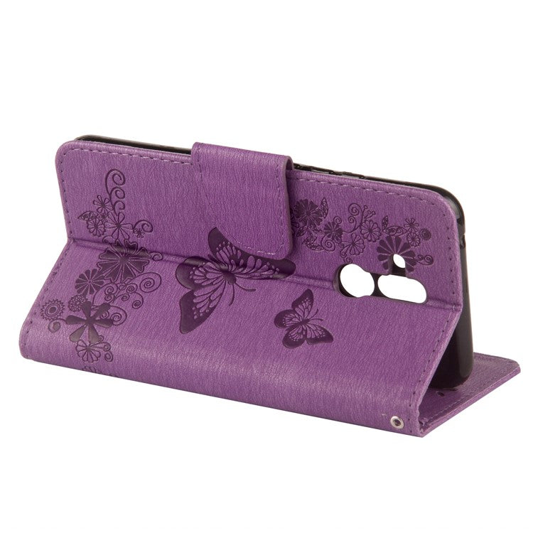Imprint Butterfly Flower Wallet Leather Magnetic Case for Huawei Mate 20 Lite / Maimang 7 - Purple