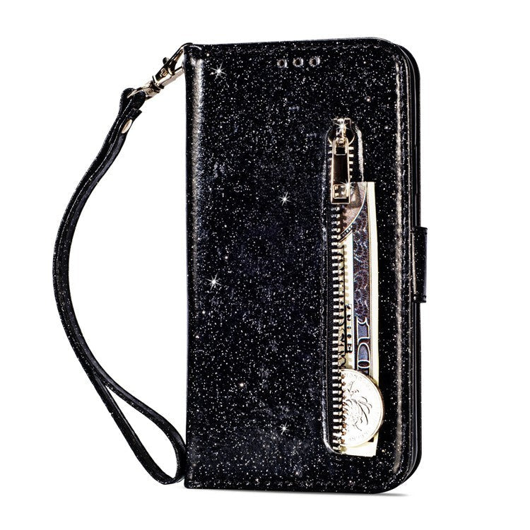 Flash Powder Zippered Stand Leather Wallet Case with Strap for Huawei P20 Pro - Black