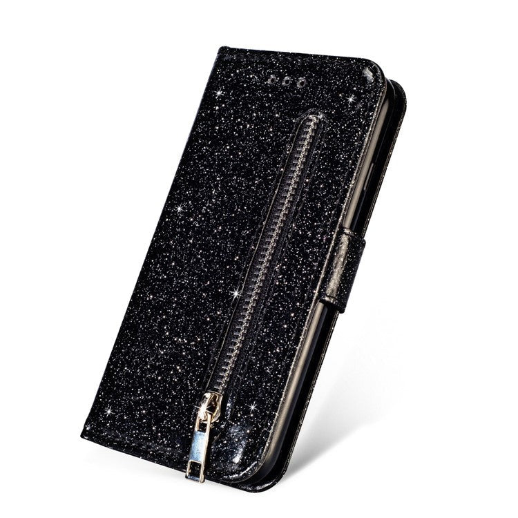 Flash Powder Zippered Stand Leather Wallet Case with Strap for Huawei P20 Pro - Black