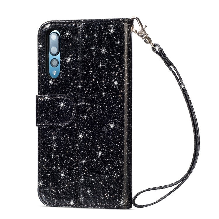 Flash Powder Zippered Stand Leather Wallet Case with Strap for Huawei P20 Pro - Black
