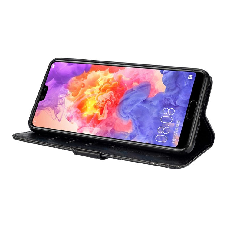 Flash Powder Zippered Stand Leather Wallet Case with Strap for Huawei P20 Pro - Black
