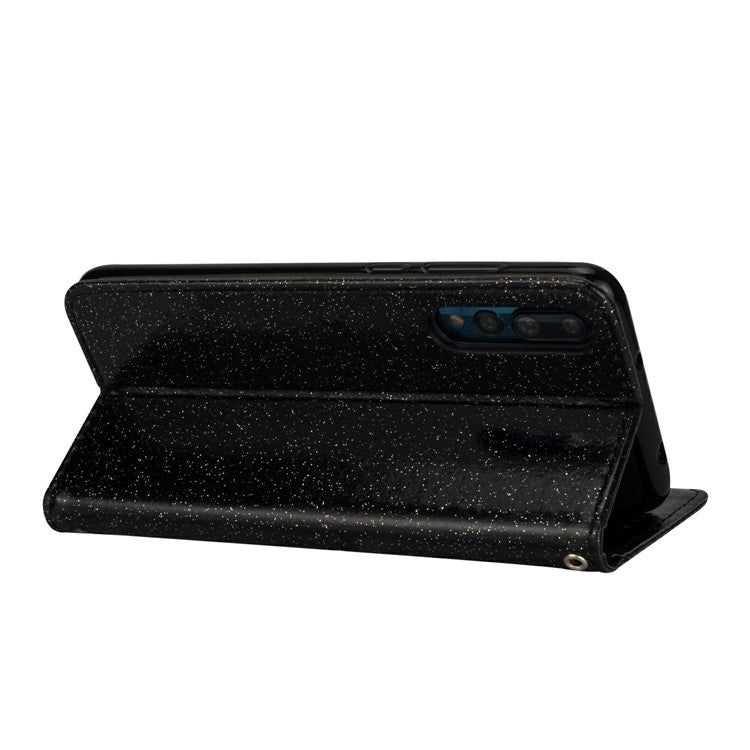 Flash Powder Zippered Stand Leather Wallet Case with Strap for Huawei P20 Pro - Black