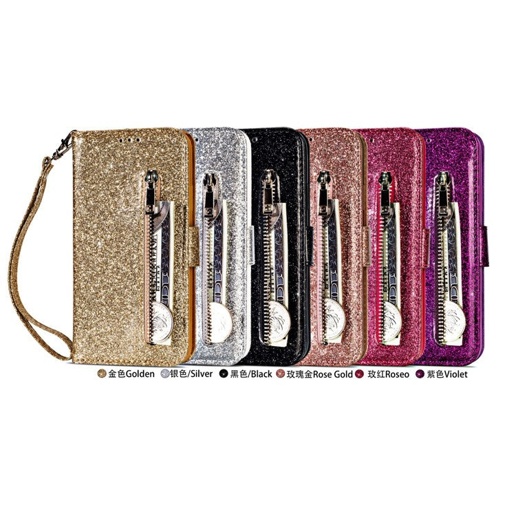 Flash Powder Zippered Stand Leather Wallet Case with Strap for Huawei P20 Pro - Black