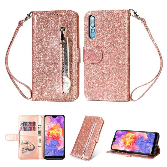 Flash Powder Zippered Stand Leather Wallet Casing with Strap for Huawei P20 Pro - Rose Gold