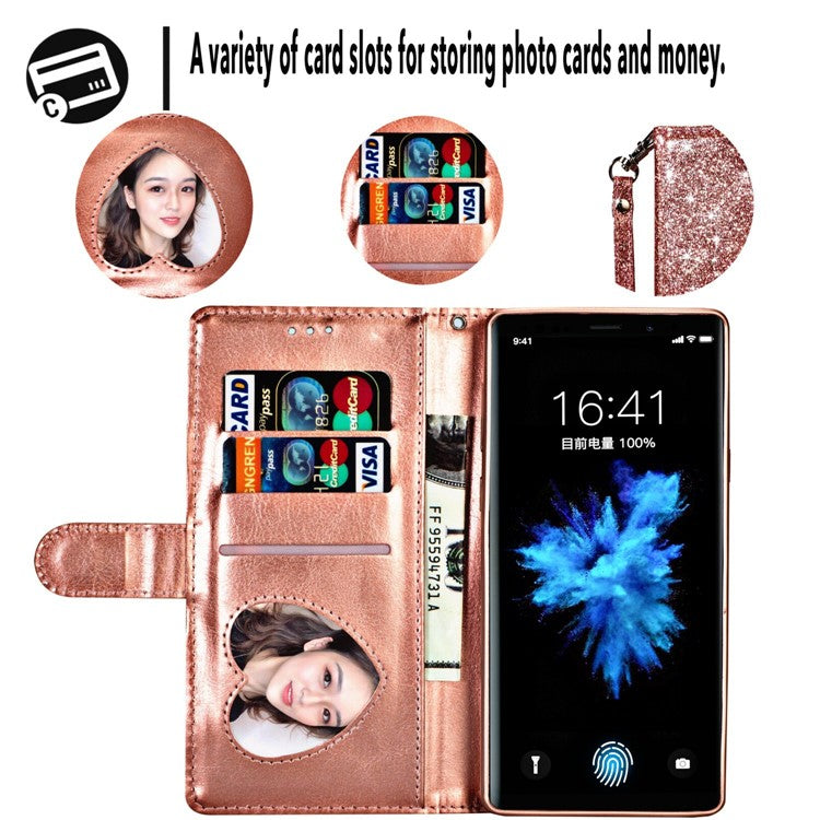 Flash Powder Zippered Stand Leather Wallet Casing with Strap for Huawei P20 Pro - Rose Gold