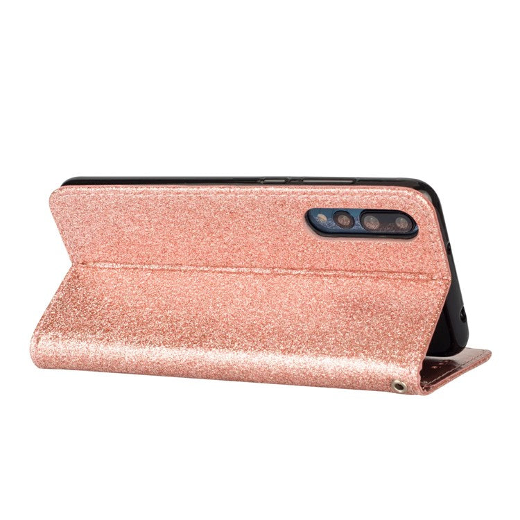 Flash Powder Zippered Stand Leather Wallet Casing with Strap for Huawei P20 Pro - Rose Gold