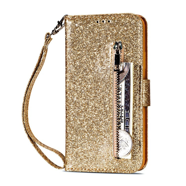 Flash Powder Zippered Stand Leather Wallet Cell Phone Case with Strap for Huawei P20 Pro - Gold