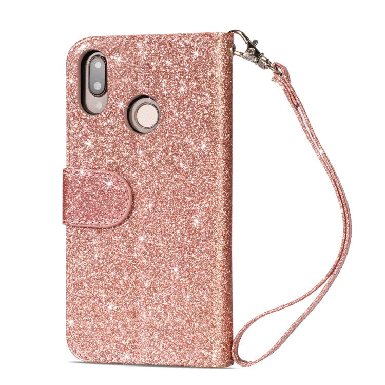 Flash Powder Zippered Stand Leather Wallet Casing with Strap for Huawei P20 Lite / Nova 3e (China) - Rose Gold