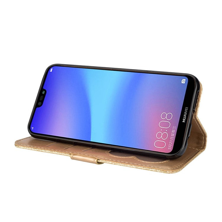 Flash Powder Zippered Stand Leather Wallet Cell Phone Case with Strap for Huawei P20 Lite / Nova 3e (China) - Gold