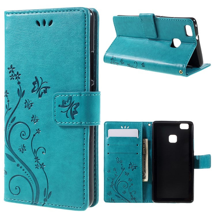 Butterfly Card Holder PU Leather Case for Huawei P9 Lite - Blue