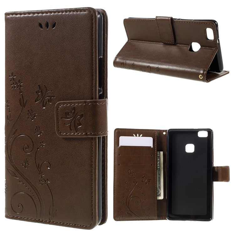 Butterfly Wallet Leather Case Protector for Huawei P9 Lite - Coffee