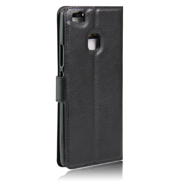 Litchi Grain Folio Flip Leather Wallet Case for Huawei P9 Lite - Black