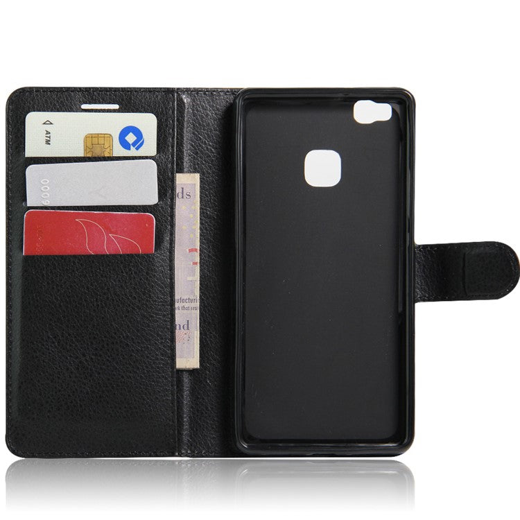 Litchi Grain Folio Flip Leather Wallet Case for Huawei P9 Lite - Black
