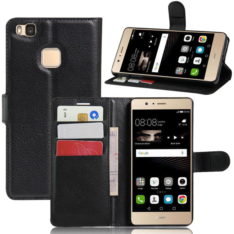 Litchi Grain Folio Flip Leather Wallet Case for Huawei P9 Lite - Black