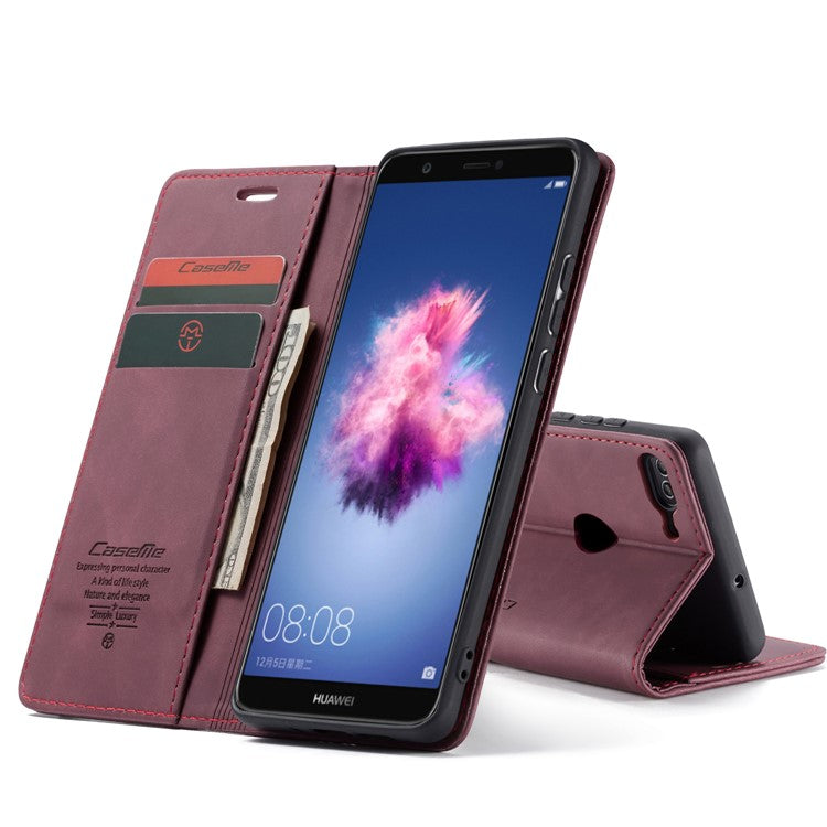 CASEME 013 Series Auto-absorbed PU Leather Wallet Stand Case for Huawei P Smart (2017) / Enjoy 7S - Red