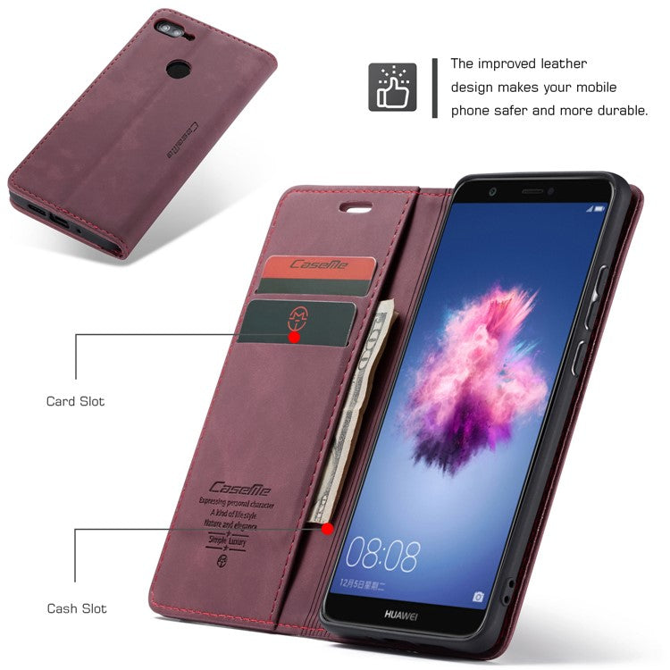 CASEME 013 Series Auto-absorbed PU Leather Wallet Stand Case for Huawei P Smart (2017) / Enjoy 7S - Red