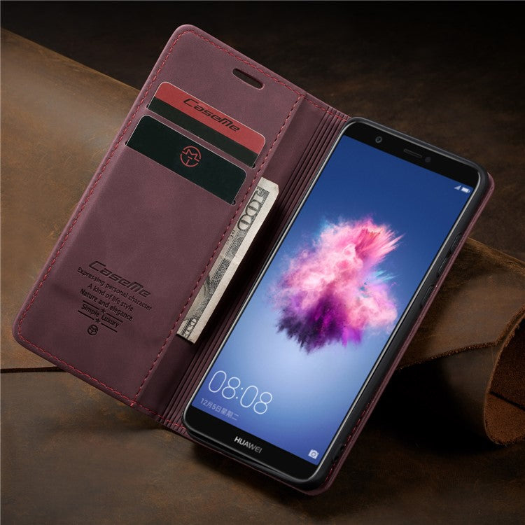CASEME 013 Series Auto-absorbed PU Leather Wallet Stand Case for Huawei P Smart (2017) / Enjoy 7S - Red