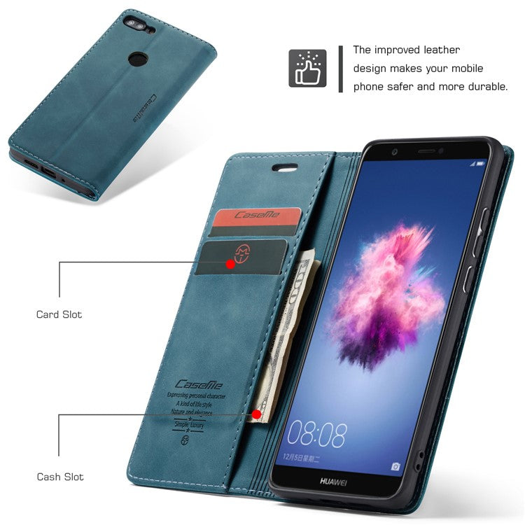 CASEME 013 Series Auto-absorbed PU Leather Wallet Stand Case for Huawei P Smart (2017) / Enjoy 7S - Blue