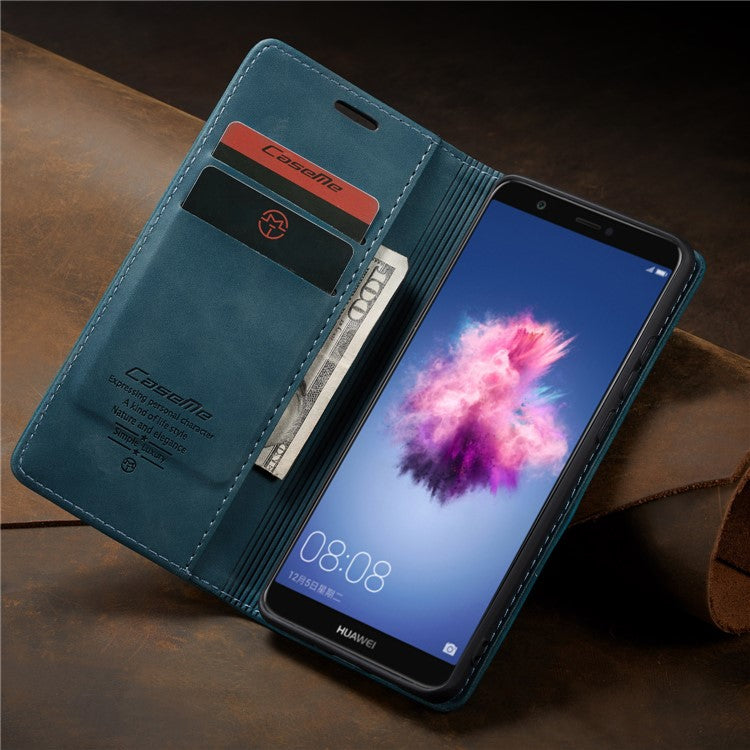 CASEME 013 Series Auto-absorbed PU Leather Wallet Stand Case for Huawei P Smart (2017) / Enjoy 7S - Blue