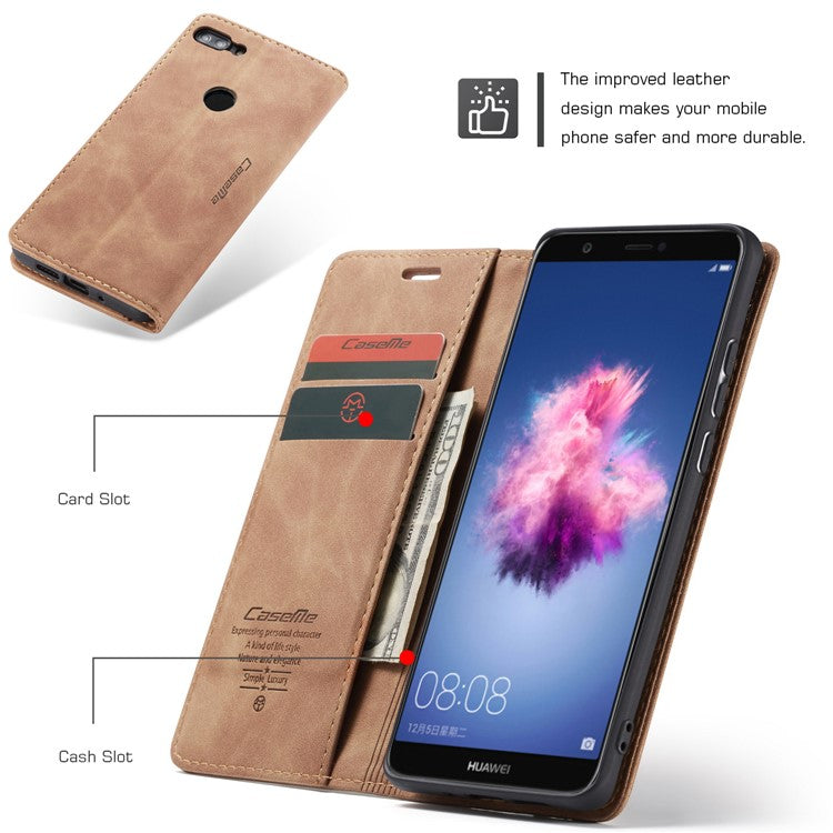 CASEME 013 Series Auto-absorbed PU Leather Wallet Stand Case for Huawei P Smart (2017) / Enjoy 7S - Light Brown